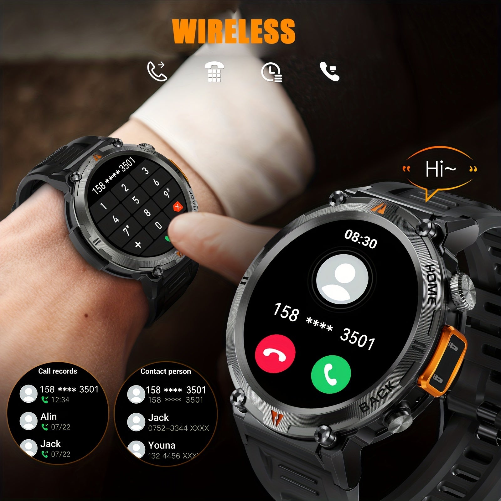 3ATM Waterproof Tactical Rugged Smart Watch with Bluetooth Call, Compatible With Android