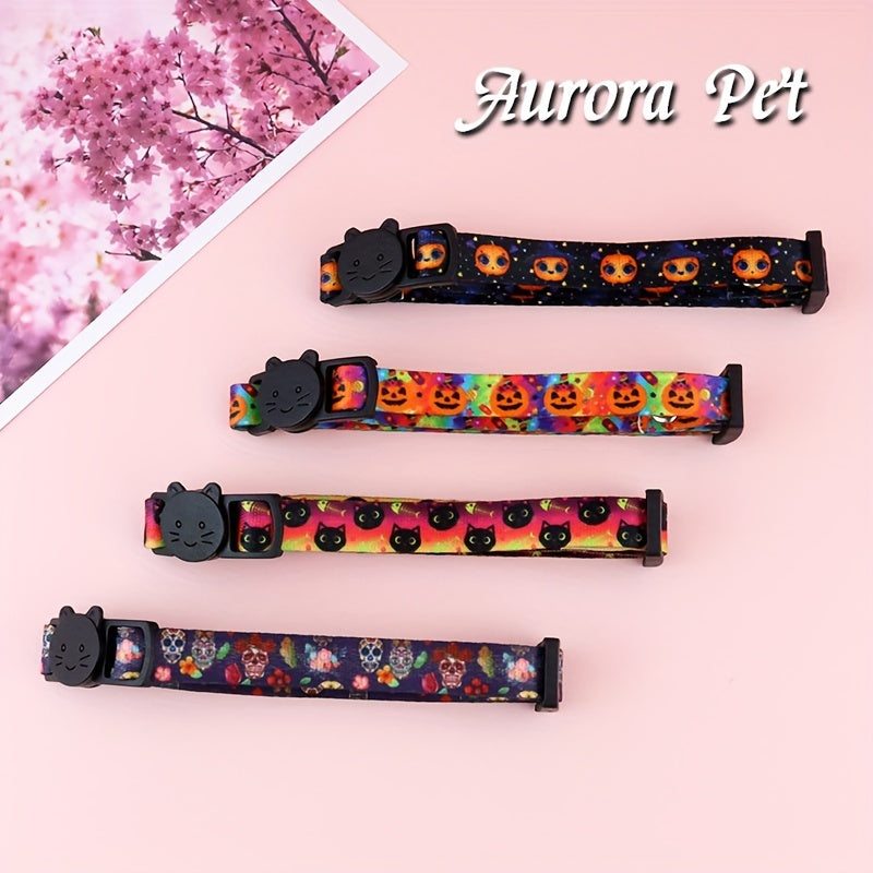 Soft Cat Collar With Halloween Pumpkin Skull Pattern, Adjustable Cat Collars