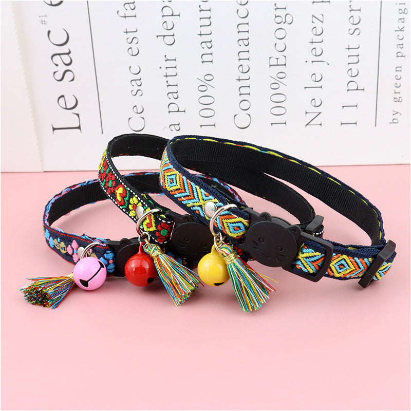 Pet Cat Collar With Bell And Tassel, Colorful Woven Pet Collar Adjustable Cat Collar With Bell Pendant