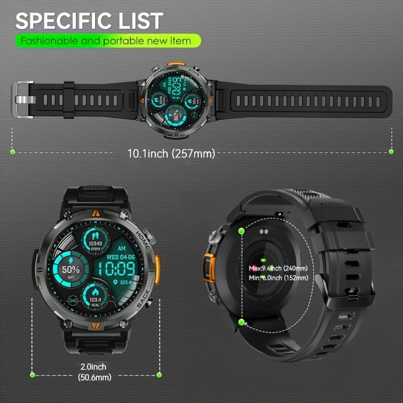 3ATM Waterproof Tactical Rugged Smart Watch with Bluetooth Call, Compatible With Android