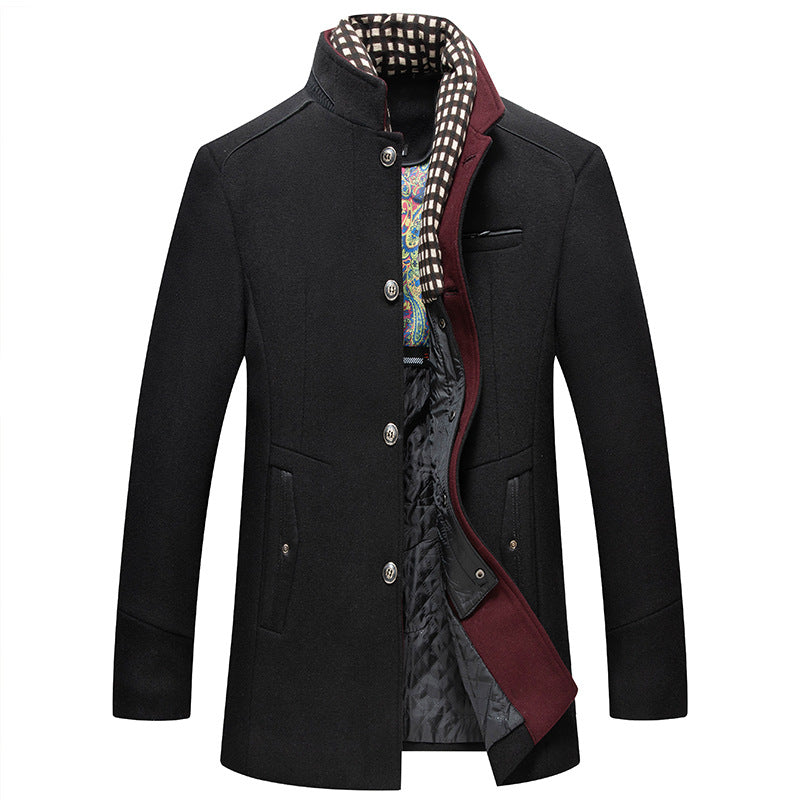 Men's Winter Thick Stand Collar Detachable Scarf Wool Coat