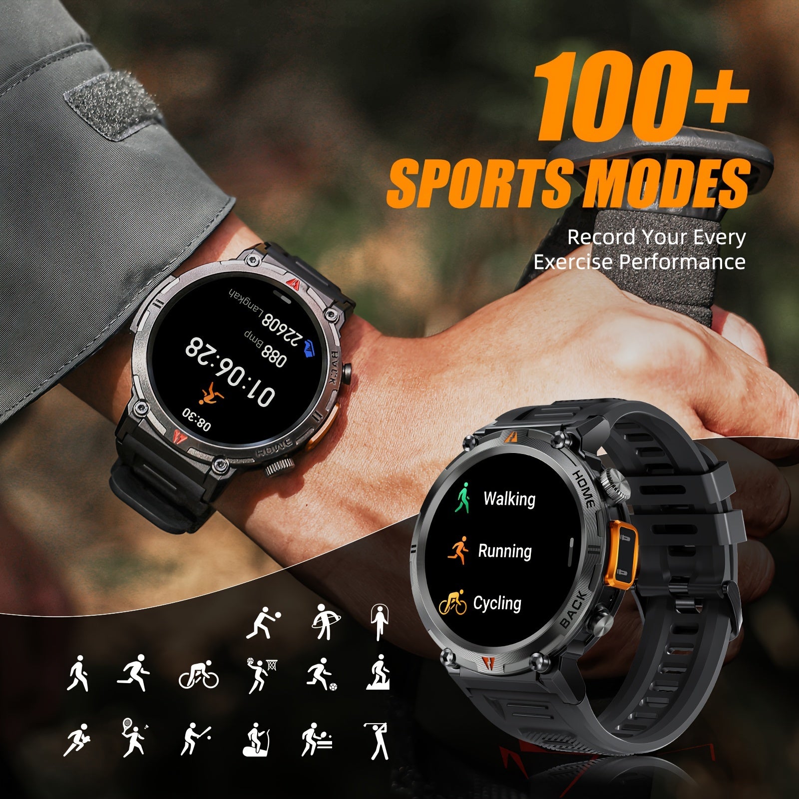 3ATM Waterproof Tactical Rugged Smart Watch with Bluetooth Call, Compatible With Android