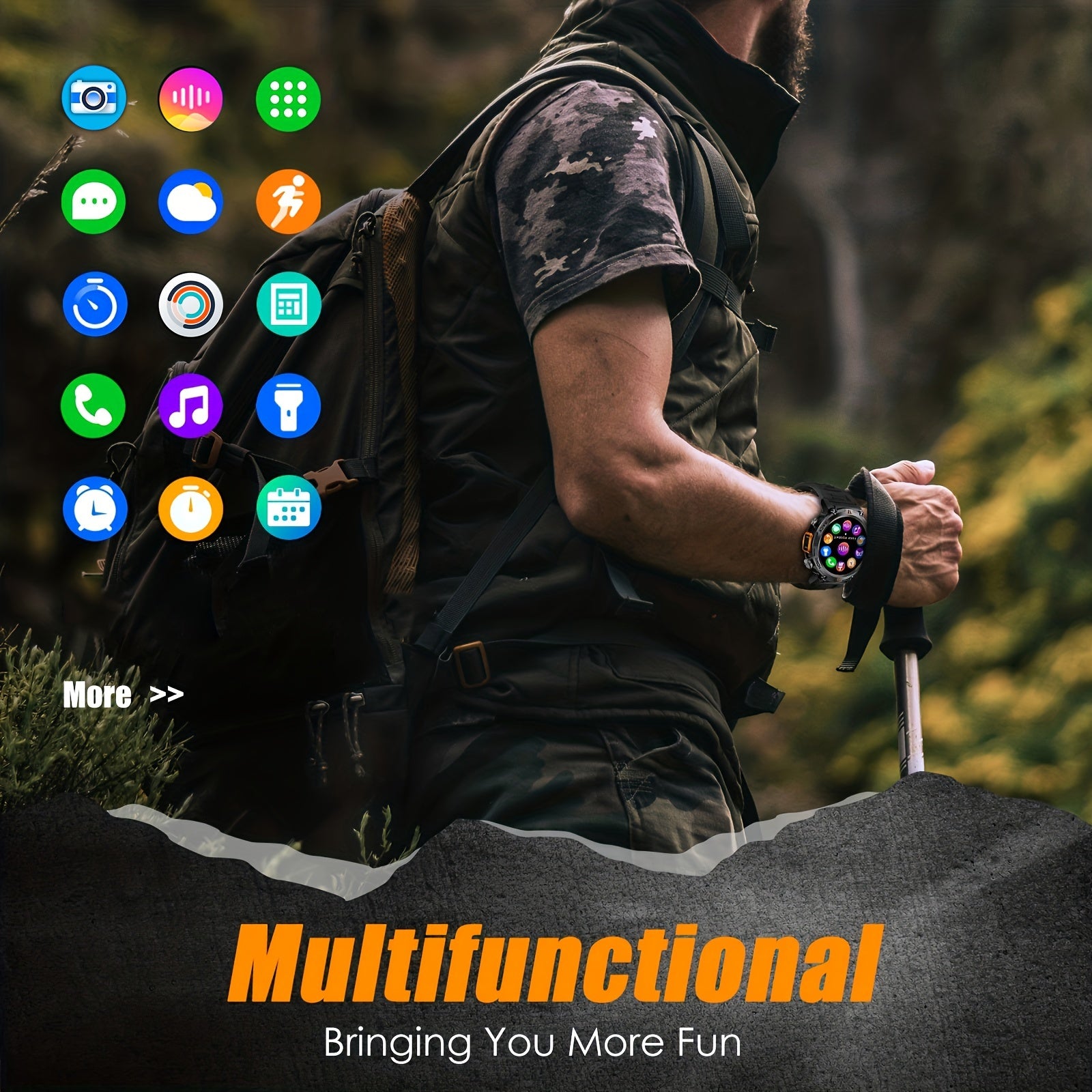 3ATM Waterproof Tactical Rugged Smart Watch with Bluetooth Call, Compatible With Android