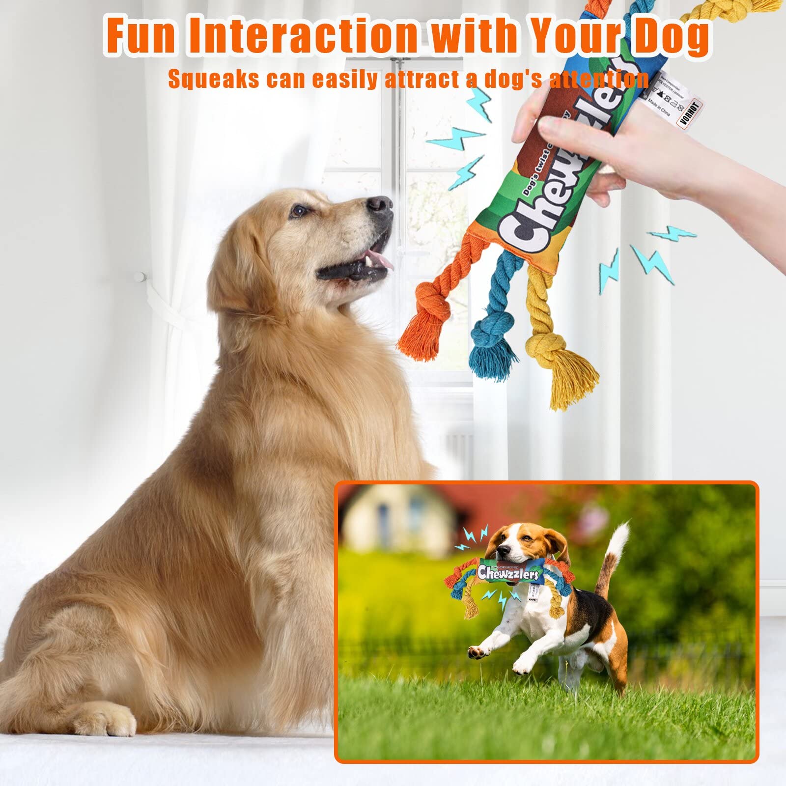 Dog Chew Toy Squeaky Rainbow Candy-Shaped Interactive Rope Toy