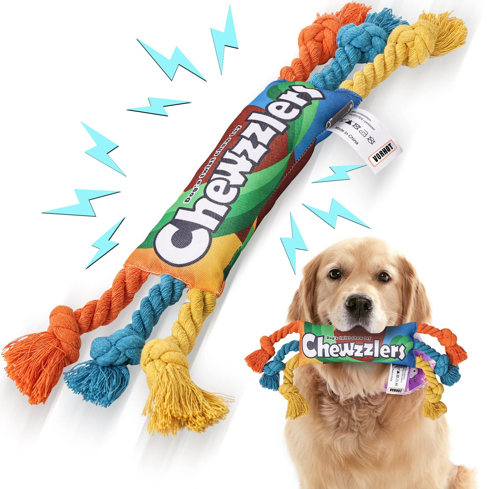 Dog Chew Toy Squeaky Rainbow Candy-Shaped Interactive Rope Toy