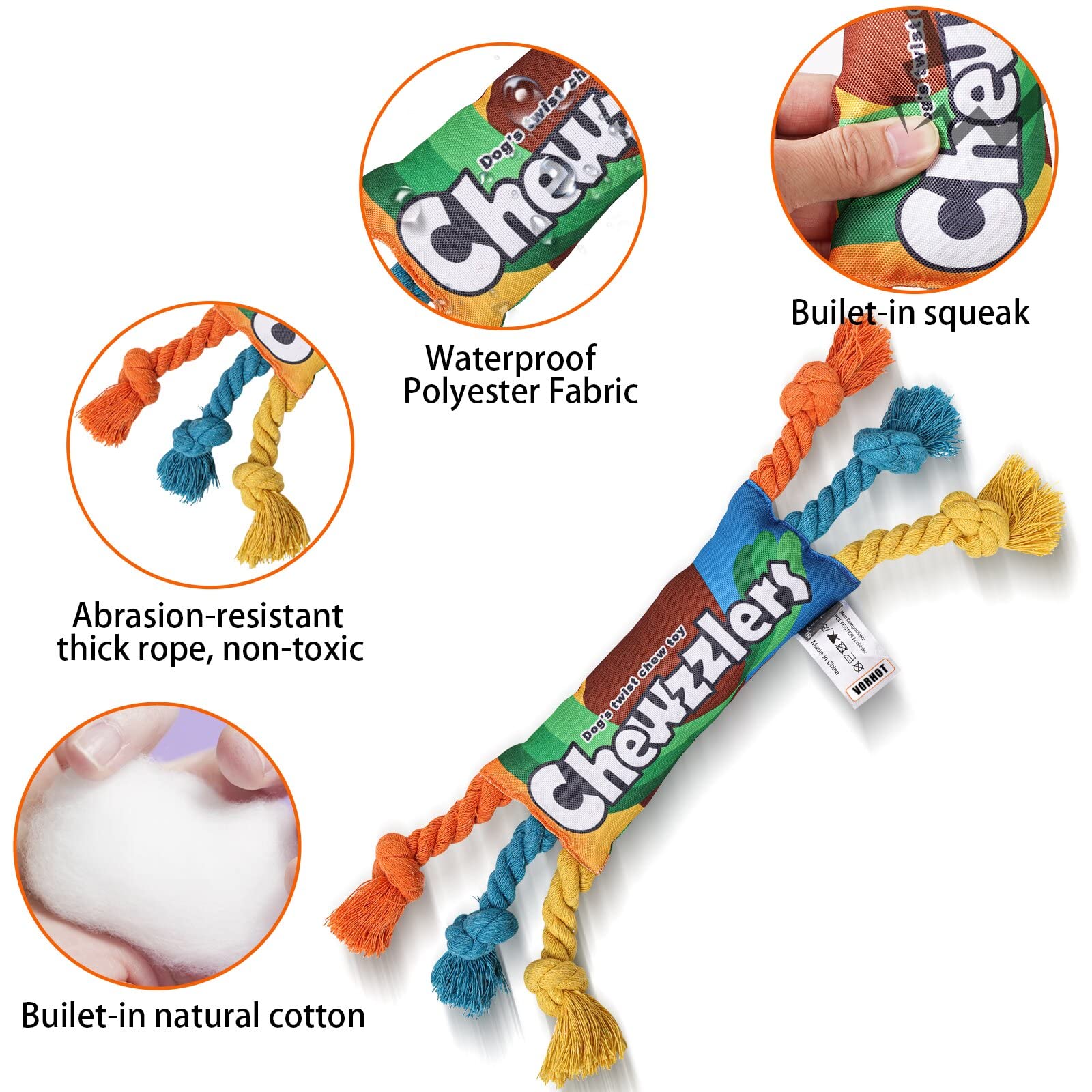 Dog Chew Toy Squeaky Rainbow Candy-Shaped Interactive Rope Toy