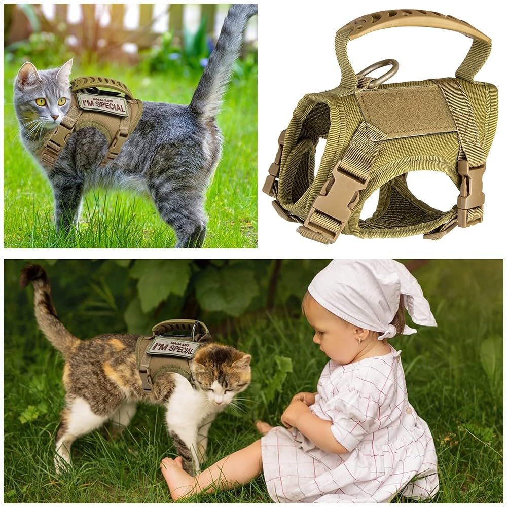 Cat Harness & Leash, Tactical Pet Walking Harness Escapeproof Breathable Cat Vest Harnesses with Letter Stickers