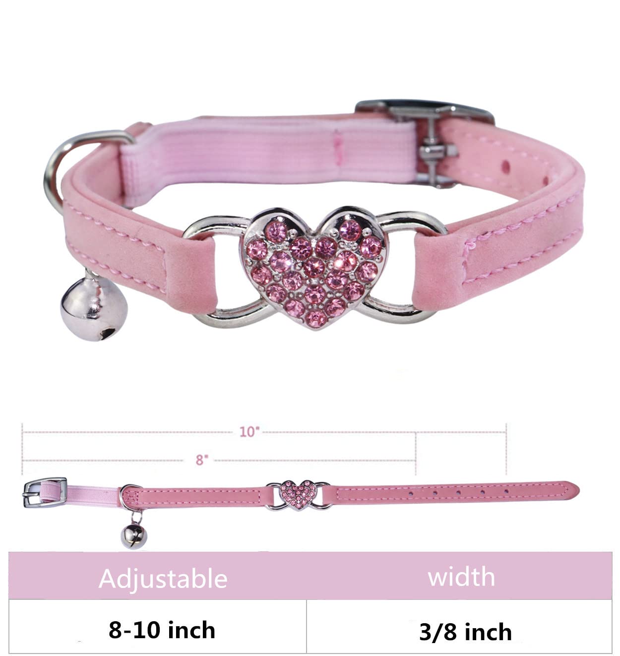 2 Pcs Heart Bling Cat Collar with Safety Belt and Bell Adjustable 8-10 inches for Kitten Cats (Pink+Red)