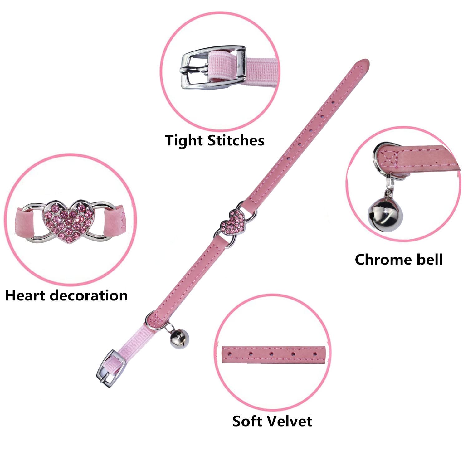 2 Pcs Heart Bling Cat Collar with Safety Belt and Bell Adjustable 8-10 inches for Kitten Cats (Pink+Red)