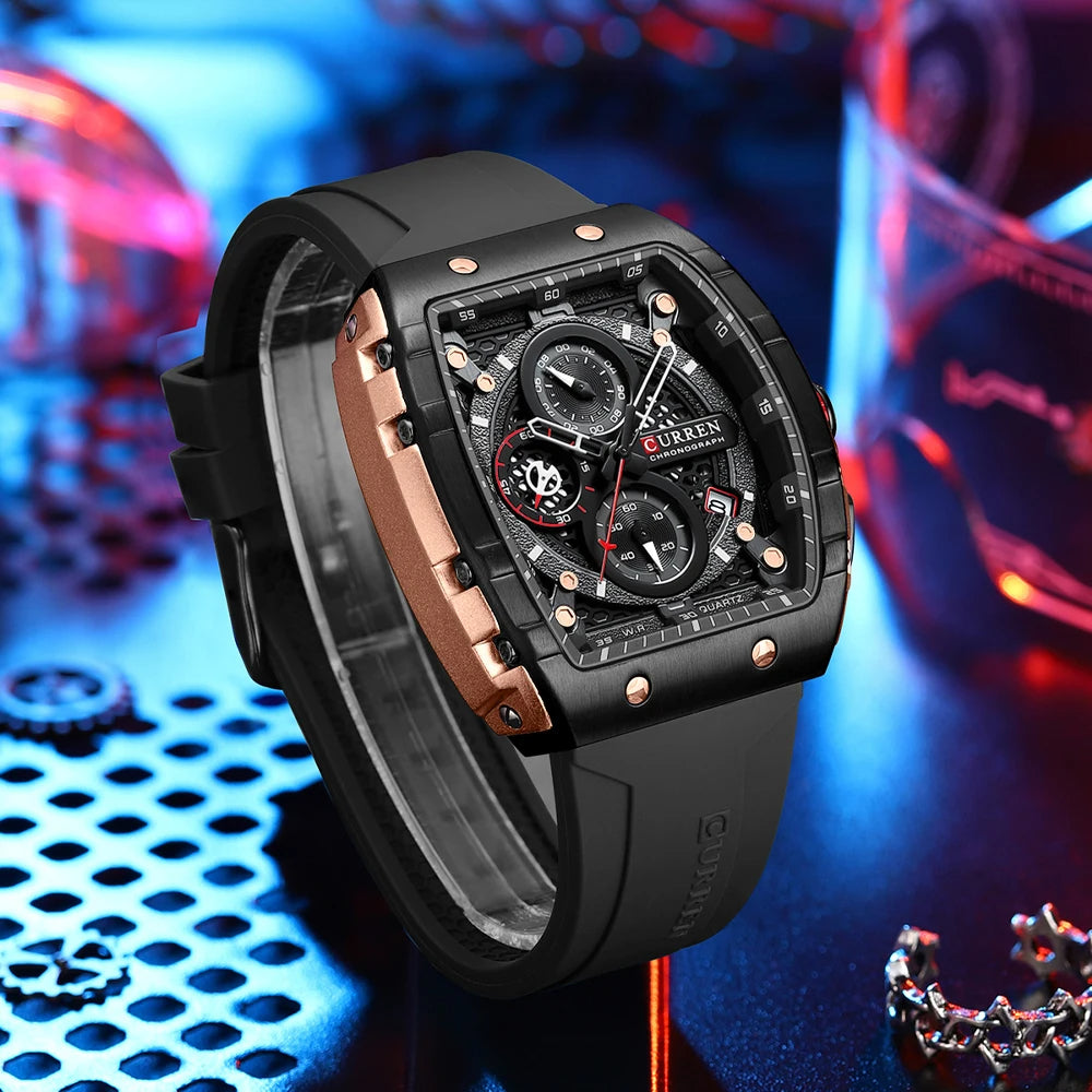 Luxury Chronograph Watches for Mens Rubber Strap Classic Waterproof Quartz Watch