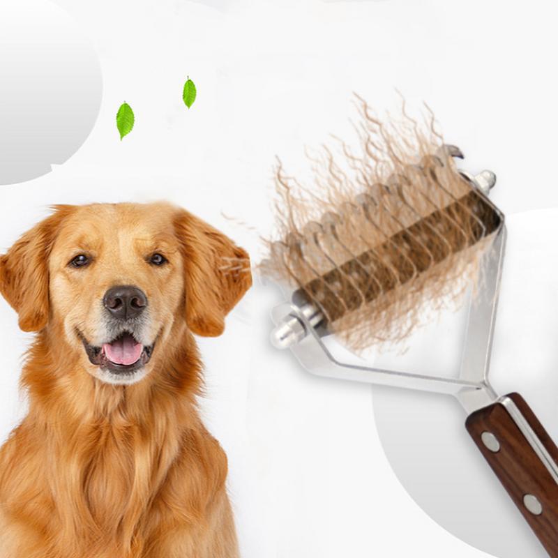 Double Side Coat Rake Walnut Dog Brush Quickly Demat and Detangle Pet Undercoat Rake