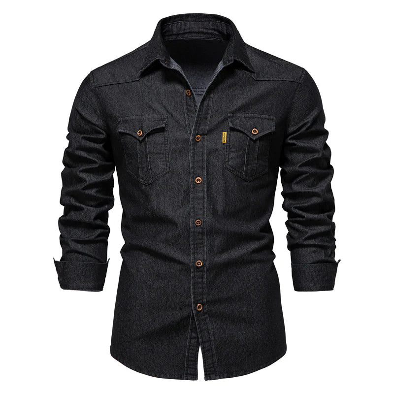 Men's Casual Pocket Long Sleeve Denim Shirt