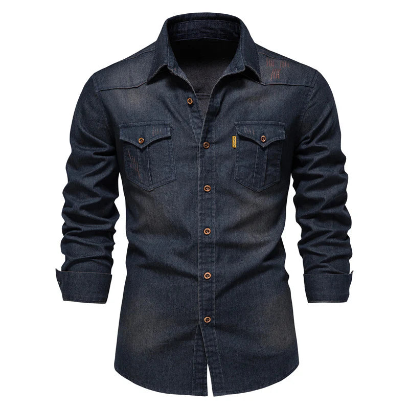 Men's Casual Pocket Long Sleeve Denim Shirt