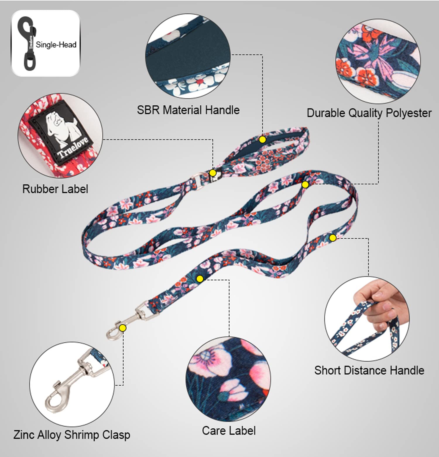 Floral Dog Leash with Multi Handles Durable Chain Rope Soft Padded Training Control Pet Walking Lead