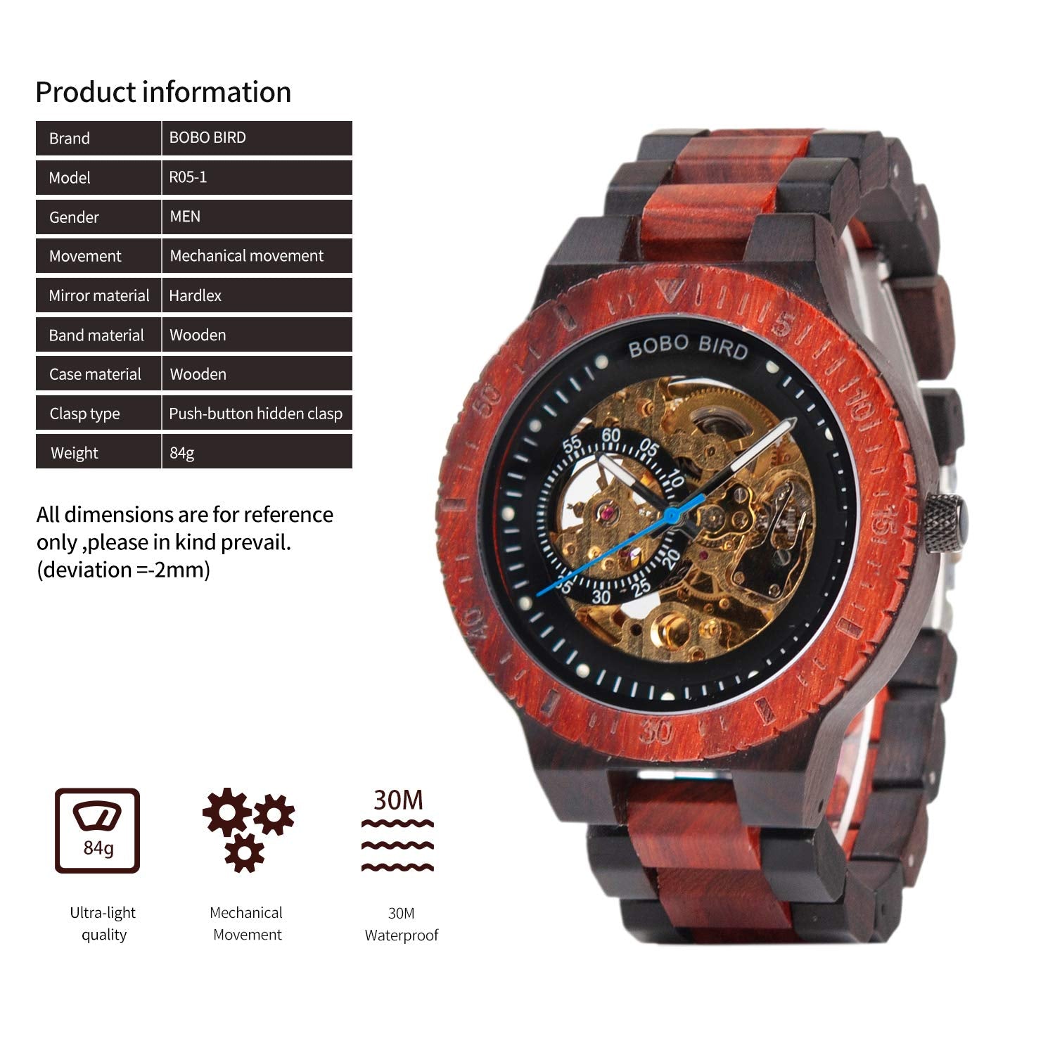 Mens Wooden Watches Luxury Mechanical Watch Lightweight Wood Band Timepieces