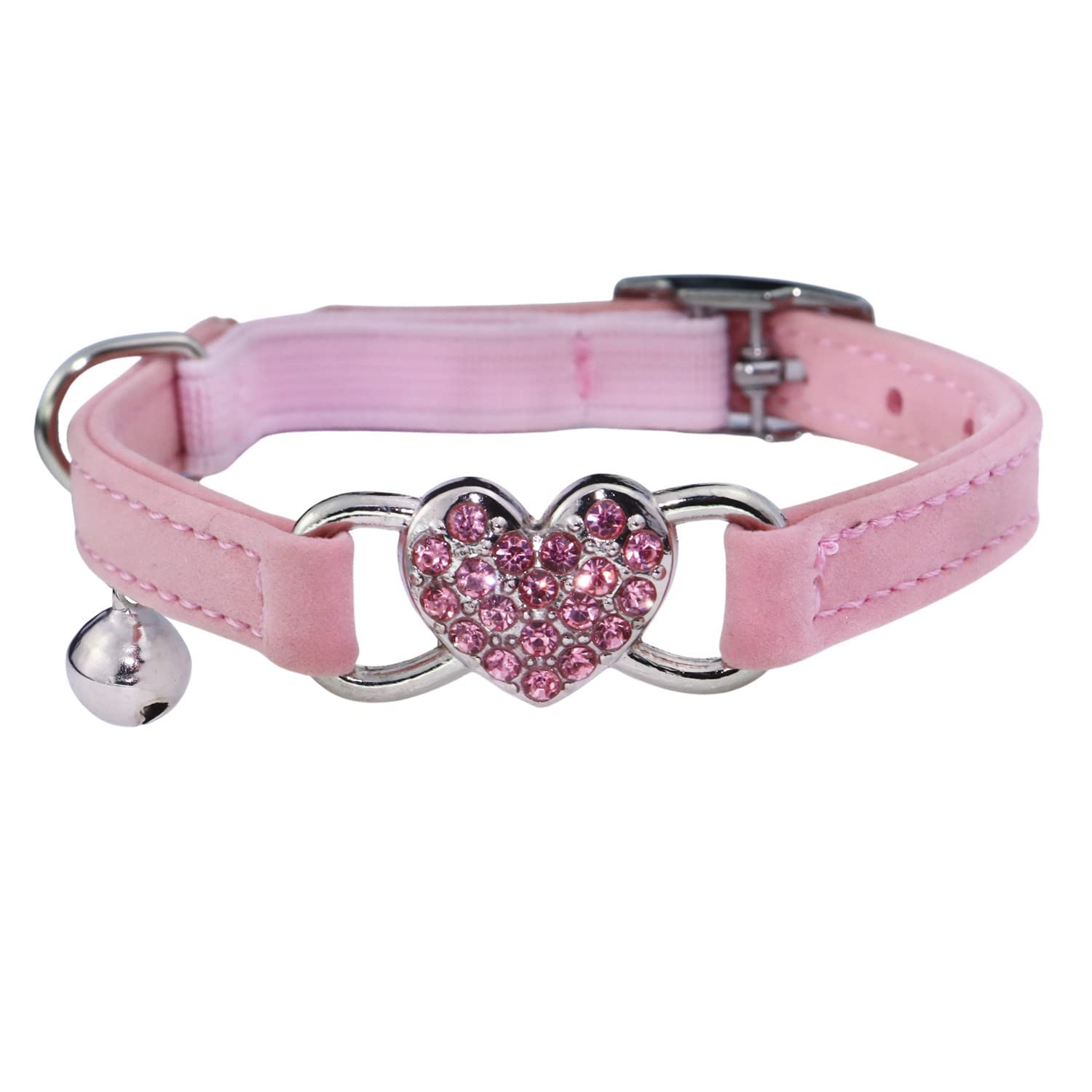 2 Pcs Heart Bling Cat Collar with Safety Belt and Bell Adjustable 8-10 inches for Kitten Cats (Pink+Red)