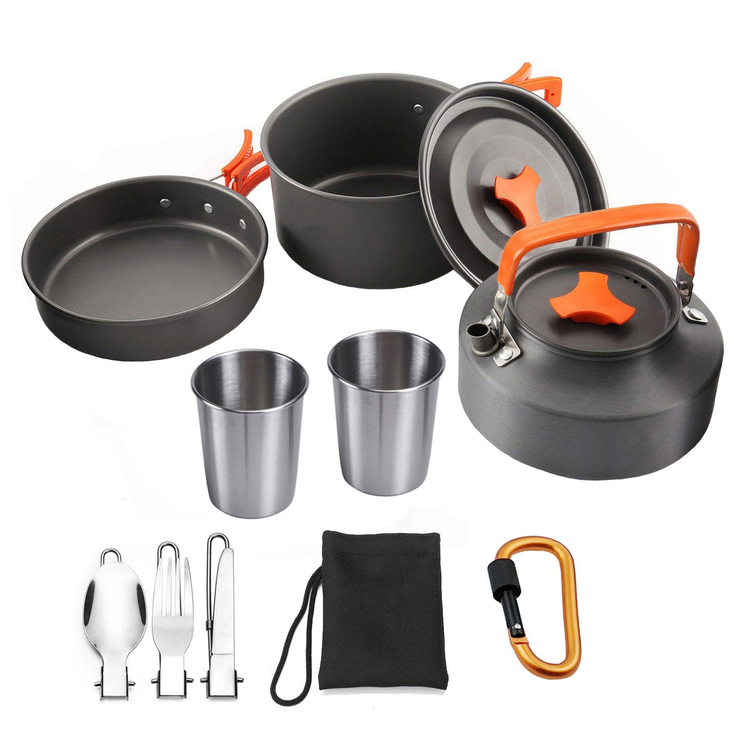 Camping Cookware Mess Kit 9 Pieces Hiking Backpacking Picnic Cooking Bowl Non Stick Pot Pan Knife Spoon Set 9PCS