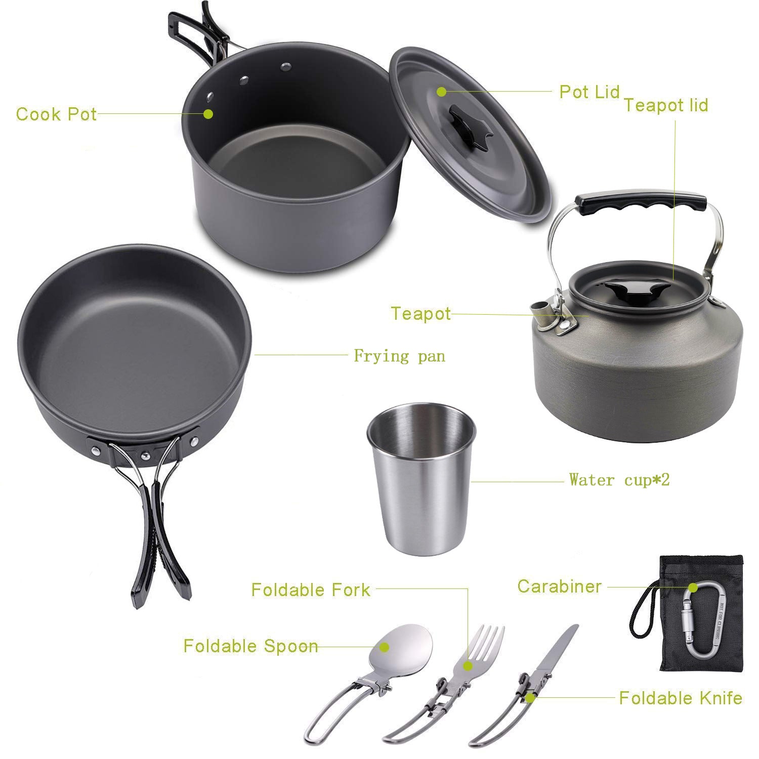 Camping Cookware Mess Kit 9 Pieces Hiking Backpacking Picnic Cooking Bowl Non Stick Pot Pan Knife Spoon Set 9PCS