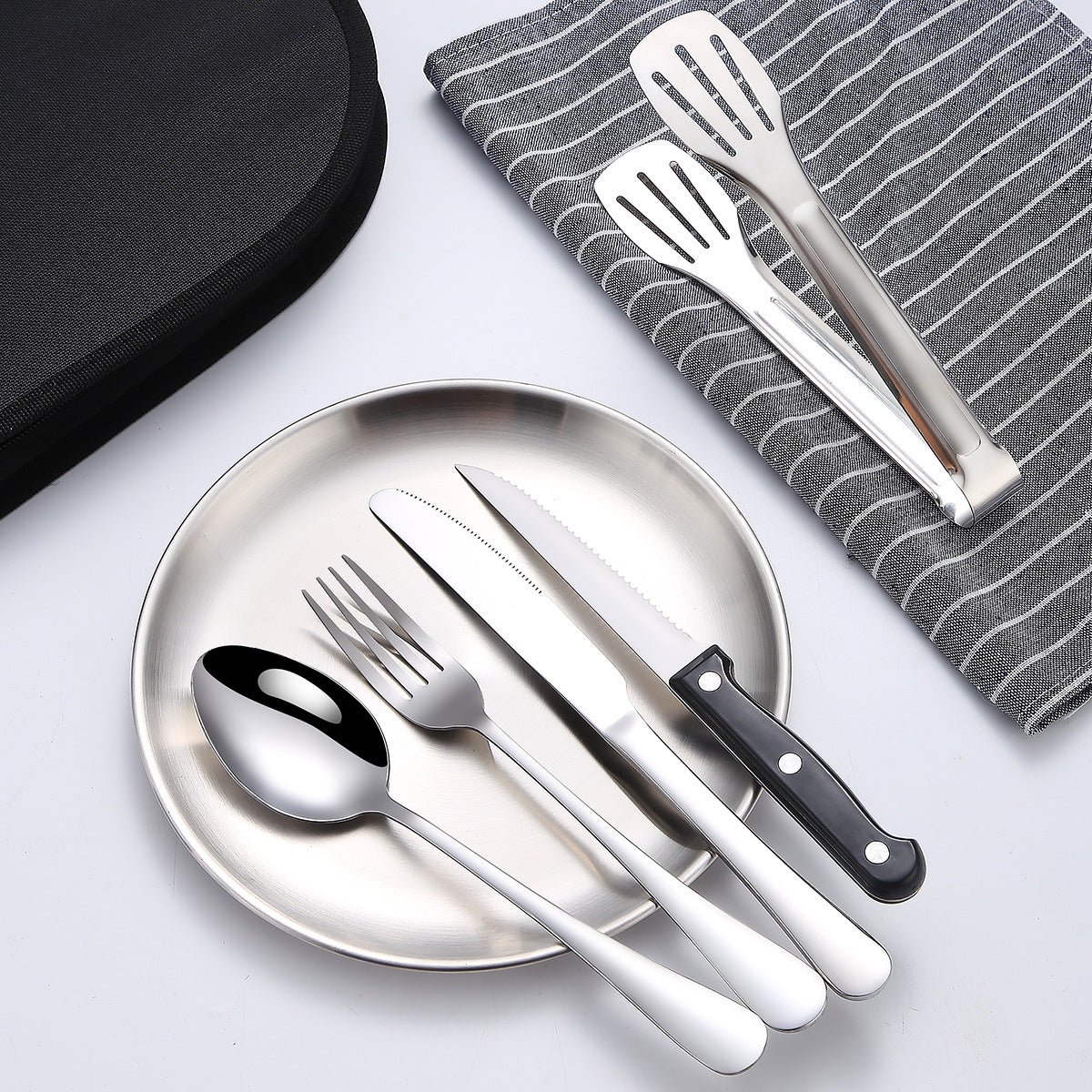 Stainless Steel Tableware Outdoor Camping Steak Knife Fork Spoon Dinner Plate Set Portable Cloth Bag Set