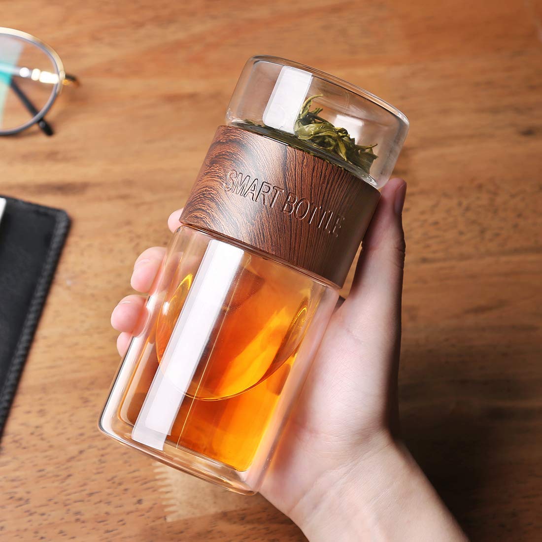 Tea Infuser Bottle - 7oz Glass Tumbler, Glass Travel Tea Mug for Loose Leaf Tea, Fruit and Cold Brew Coffee