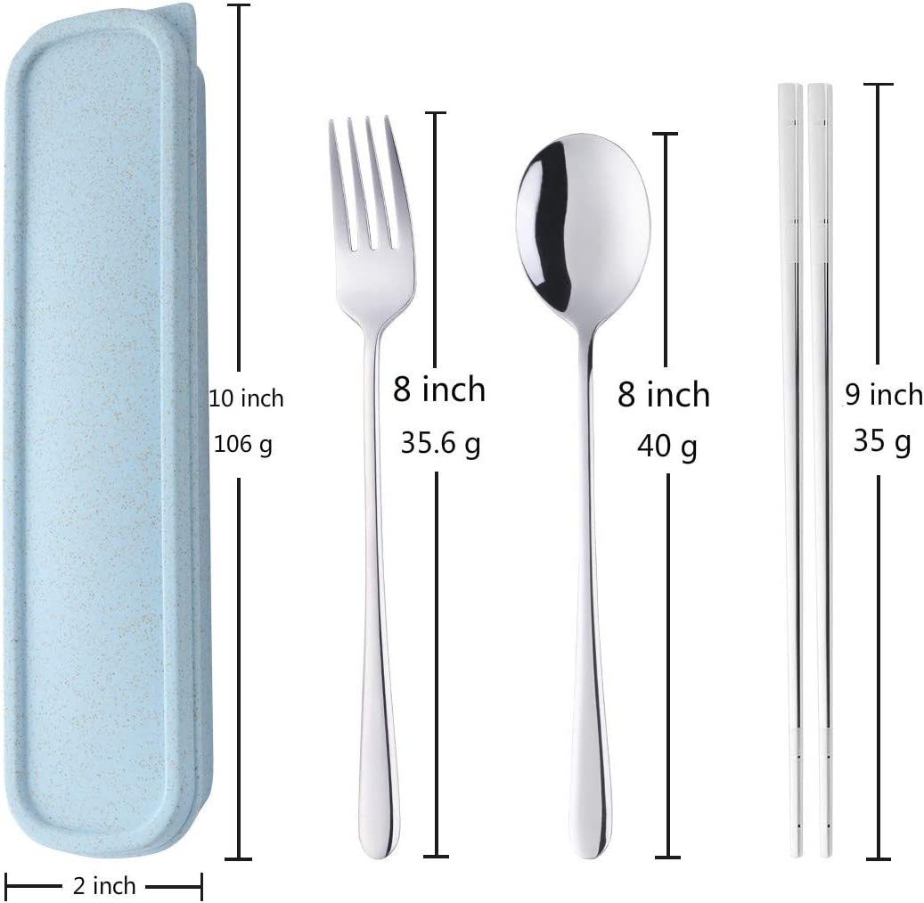 Travel Utensils, 18/8 Stainless Steel 3pcs Cutlery Set Portable Camp Reusable Flatware Silverware, Include Fork Spoon Chopsticks with Case