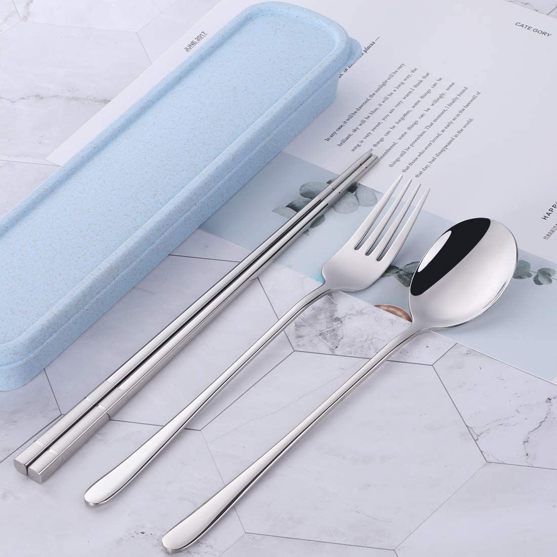 Travel Utensils, 18/8 Stainless Steel 3pcs Cutlery Set Portable Camp Reusable Flatware Silverware, Include Fork Spoon Chopsticks with Case