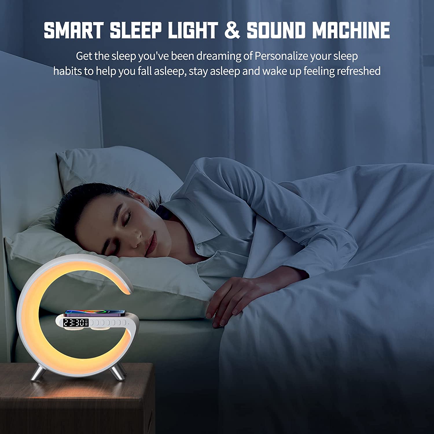 Smart Sound Machine Wake Up Light Alarm Clocks for Bedrooms Smart Table Lamp Control With 15W Fast Wireless Charger