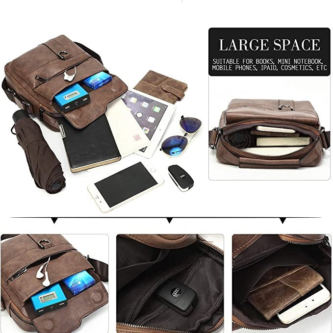 Men's Crossbody Bag Leather Small Messenger Bag Satchel Sling Travel Pack Work