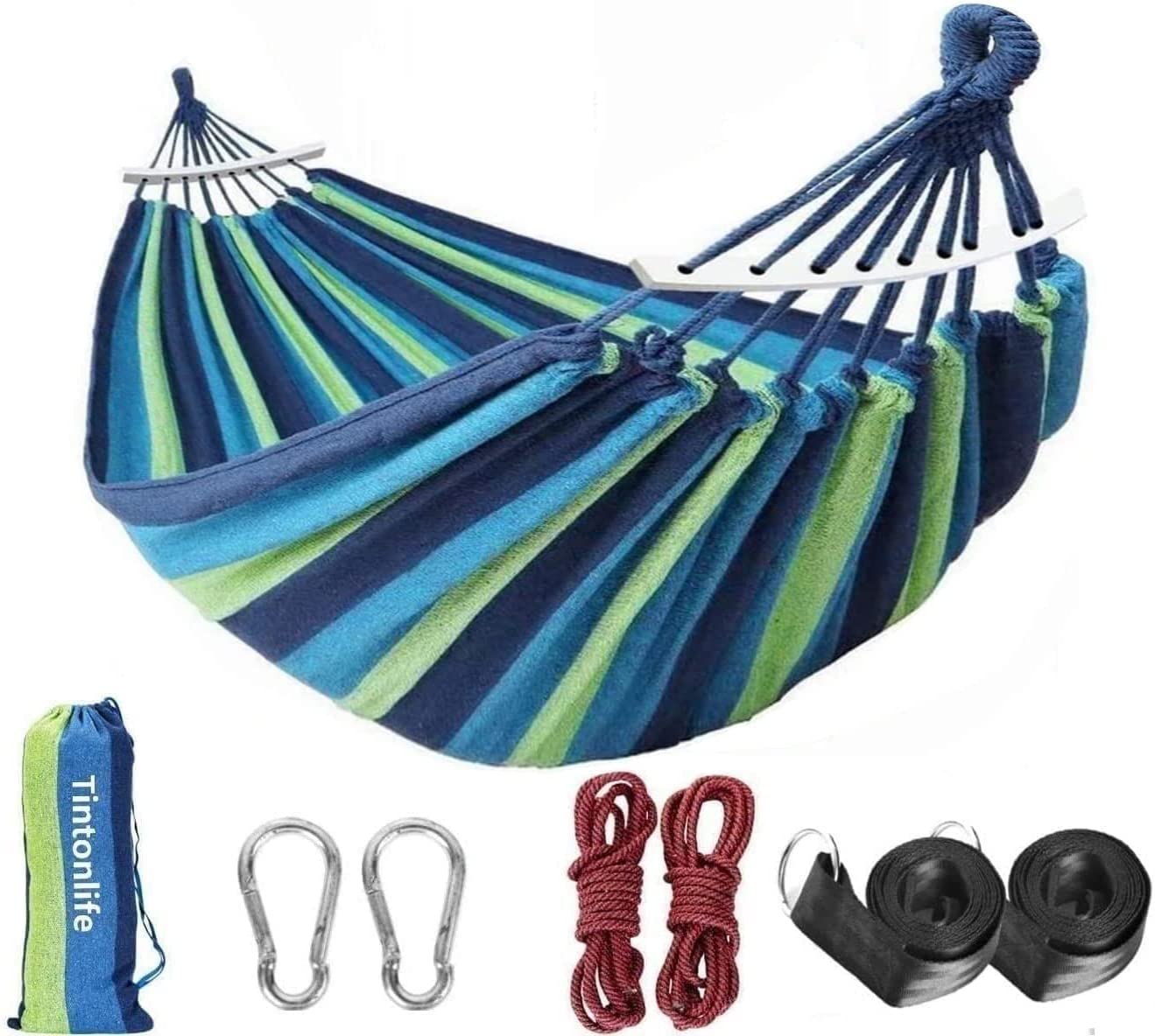 Double Hammock 2 Person Canvas Cotton Hammock with Carrying Bag for Patio Porch Garden Backyard Lounging