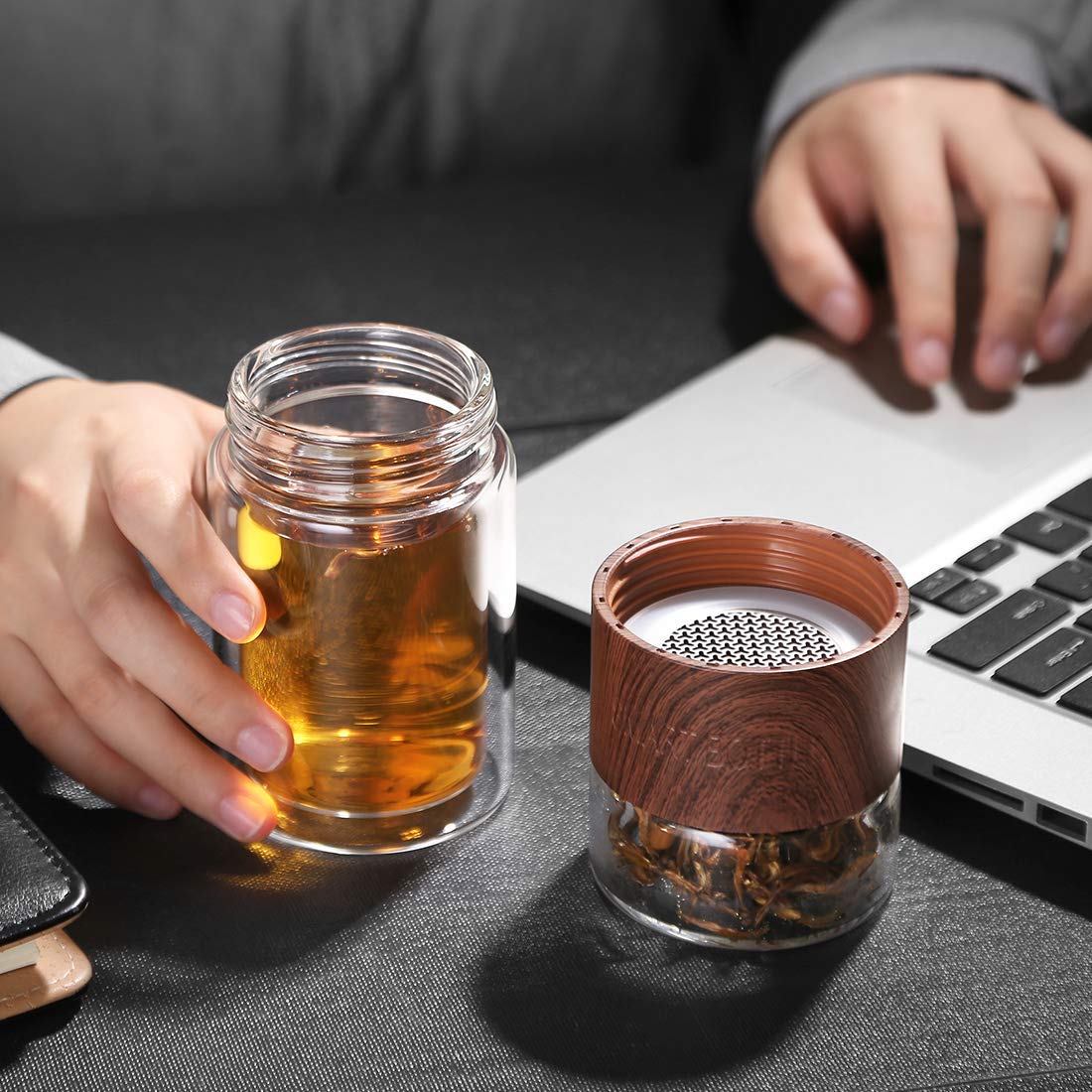 Tea Infuser Bottle - 7oz Glass Tumbler, Glass Travel Tea Mug for Loose Leaf Tea, Fruit and Cold Brew Coffee