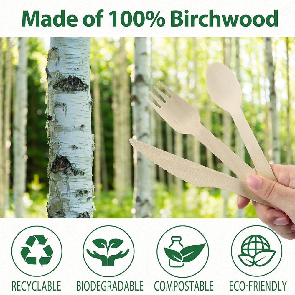 Disposable Wooden Cutlery Set, Pack of 300 (100 Forks, 100 Spoons, 100 Knives) Biodegradable Compostable Utensils, Eco-Friendly Recyclable Flatware