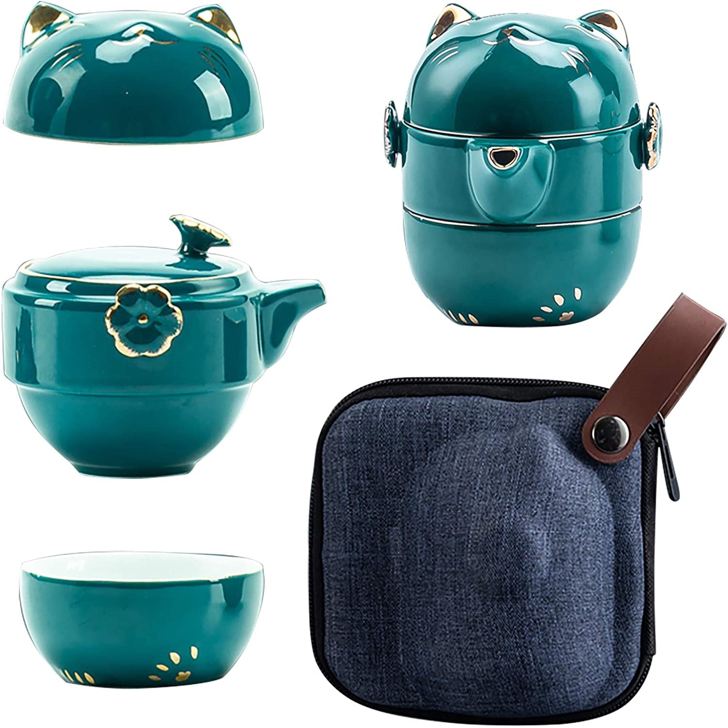 Portable Ceramic Tea Cup Set: Lucky Cat Porcelain Teapot Set with Tea Strainer - Lids and 1 Shockproof Storage Case