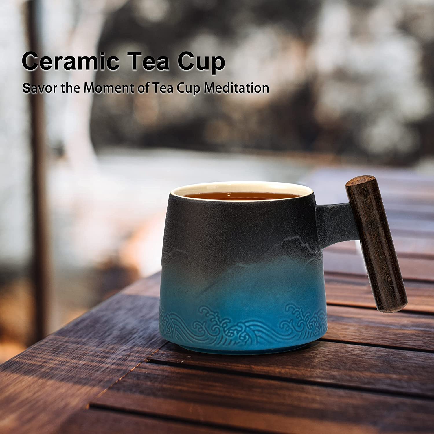 Ceramic Tea Cup with Infuser and Lid Tea Mugs Wooden Handle for Steeping Loose Leaf Tea 400ml, 13.5 oz