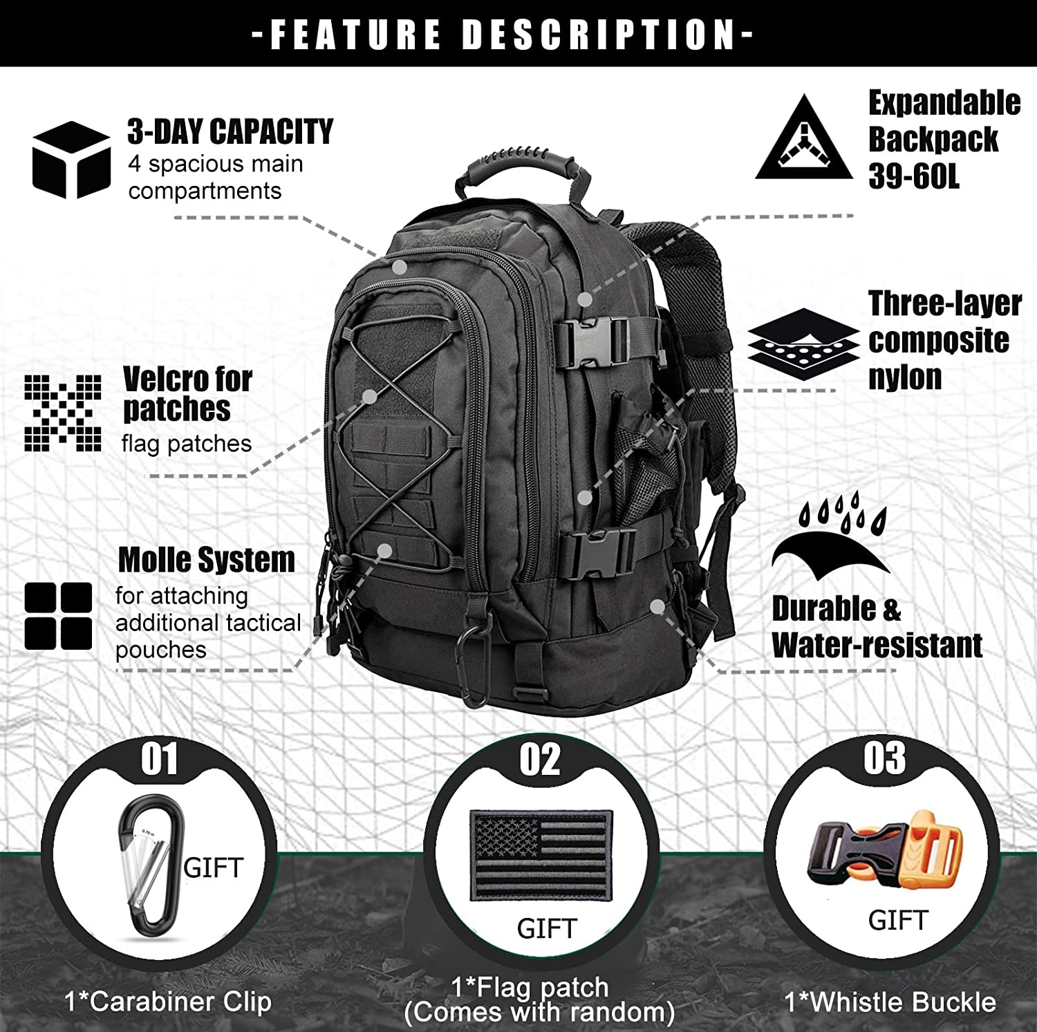 Large Capacity Military Tactical Hiking Expandable 39L-60L Backpack