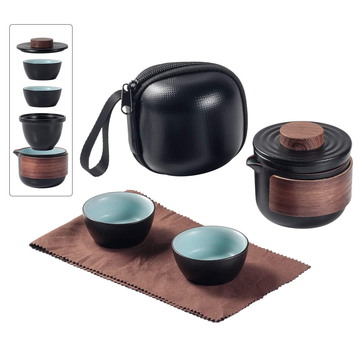 Mini Travel Ceramic Tea Pot Set Chinese Kung Fu Teapot, 1 Pot 2 Cups Porcelain Teacups