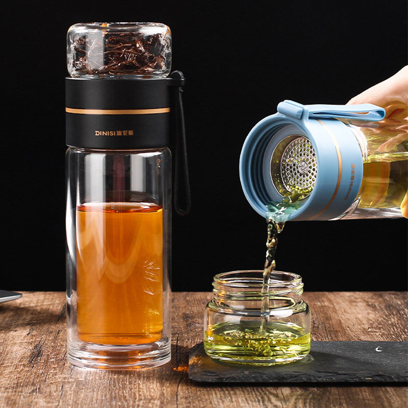 Glass Tea Bottle Double Layer Glass Tea Infuser,14 oz Travel Mug with Strainer Tea Bottle for Loose Leaf Tea-Tea Bottle with Stainless Steel Mesh Filter