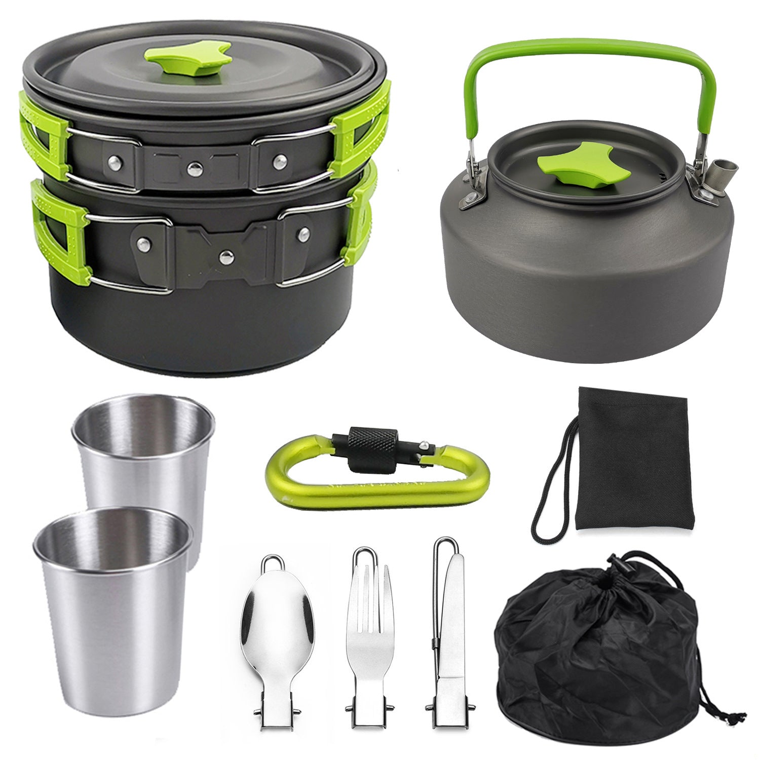 Camping Cookware Mess Kit 9 Pieces Hiking Backpacking Picnic Cooking Bowl Non Stick Pot Pan Knife Spoon Set 9PCS