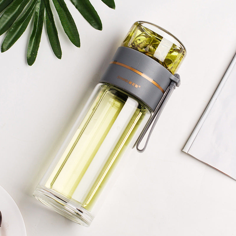 Glass Tea Bottle Double Layer Glass Tea Infuser,14 oz Travel Mug with Strainer Tea Bottle for Loose Leaf Tea-Tea Bottle with Stainless Steel Mesh Filter