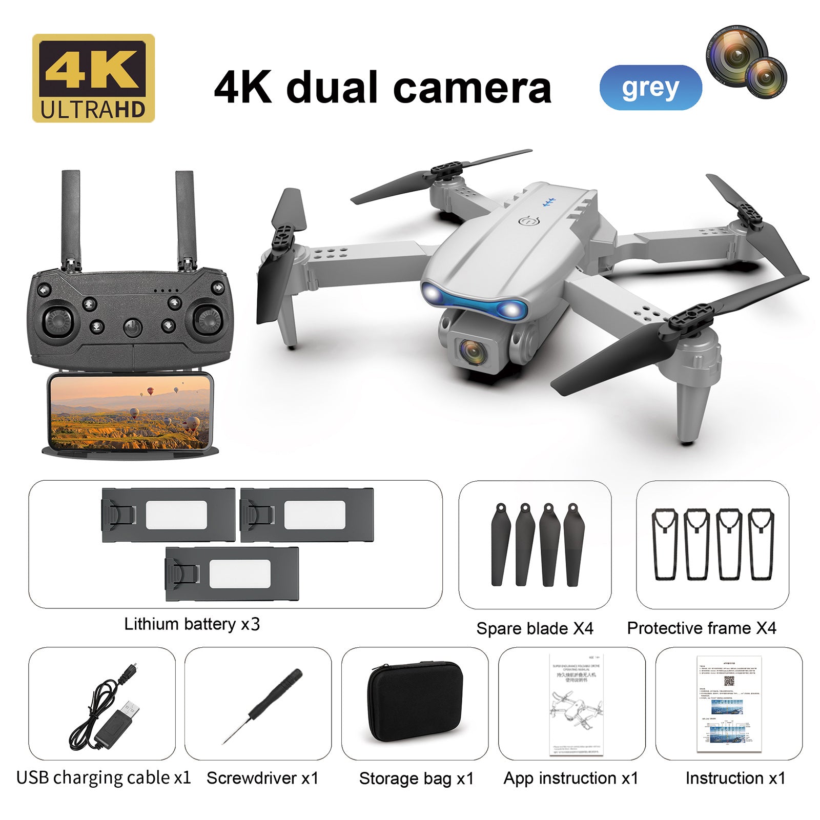 K3 E99 Pro Advanced RC Drone With 4k HD Dual Camera, Three lithium batteries